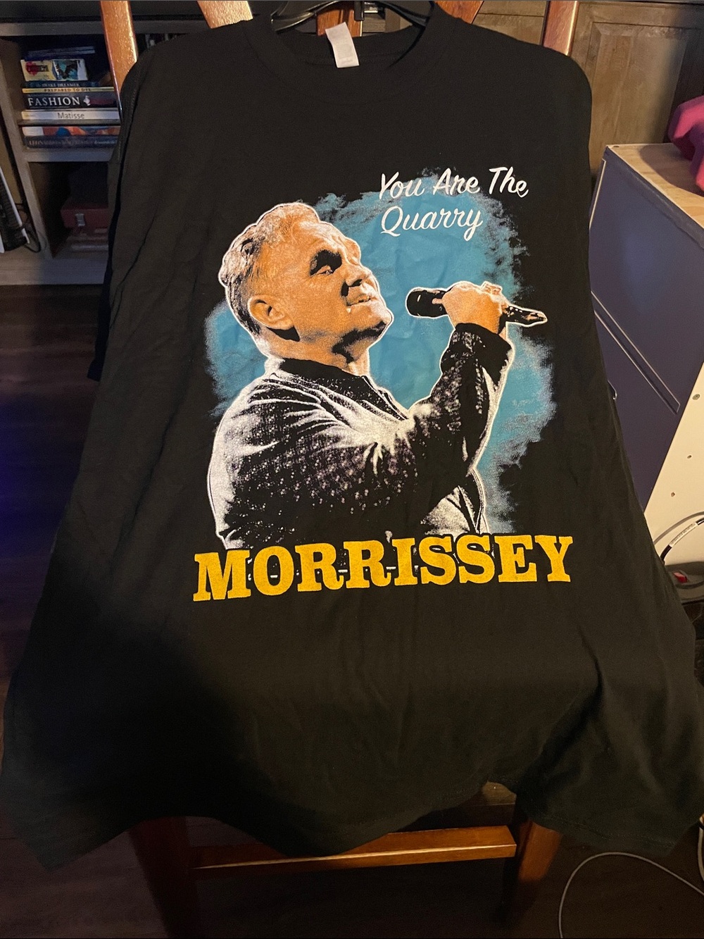 Morrissey Y? Black Long Sleeve Tee with Yellow Logo and Blue Artwork